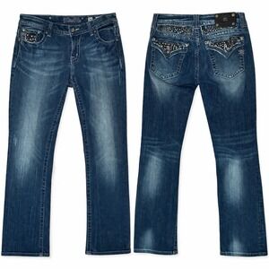 Miss Me Bootcut Jeans Women 30 Blue Medium Wash Bling Flap Pocket Y2K 33x32